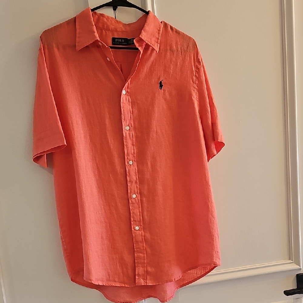 Polo by Ralph Lauren Men's Large Vibrant Coral Button-Down Shirt 100% Linen